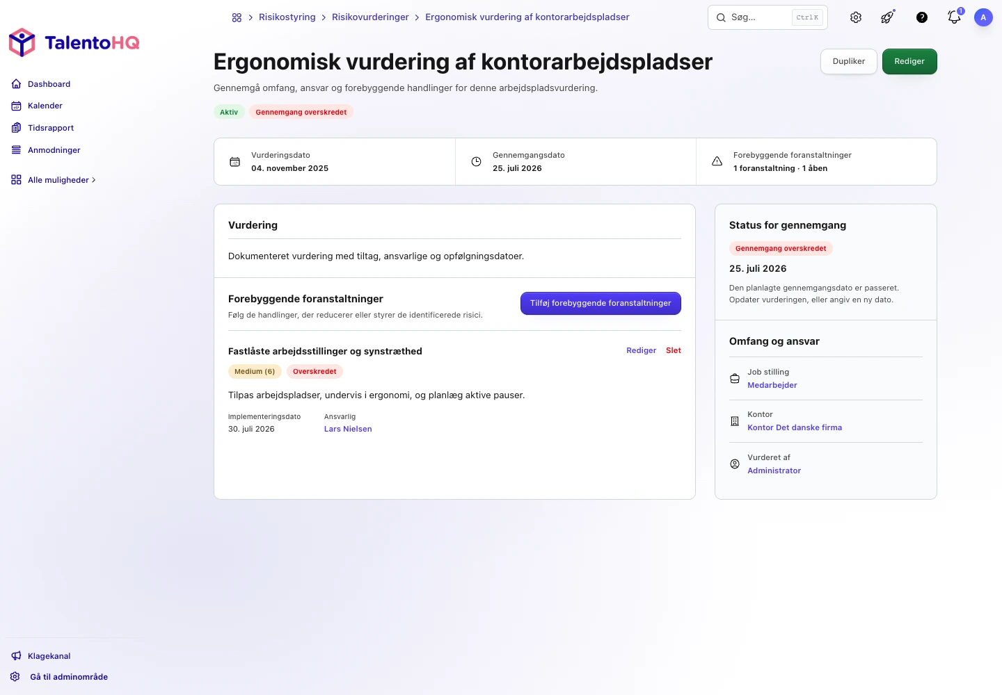 Detaljer om en risikovurdering i TalentoHQ med tiltag, ansvarlig og overskredet revision
