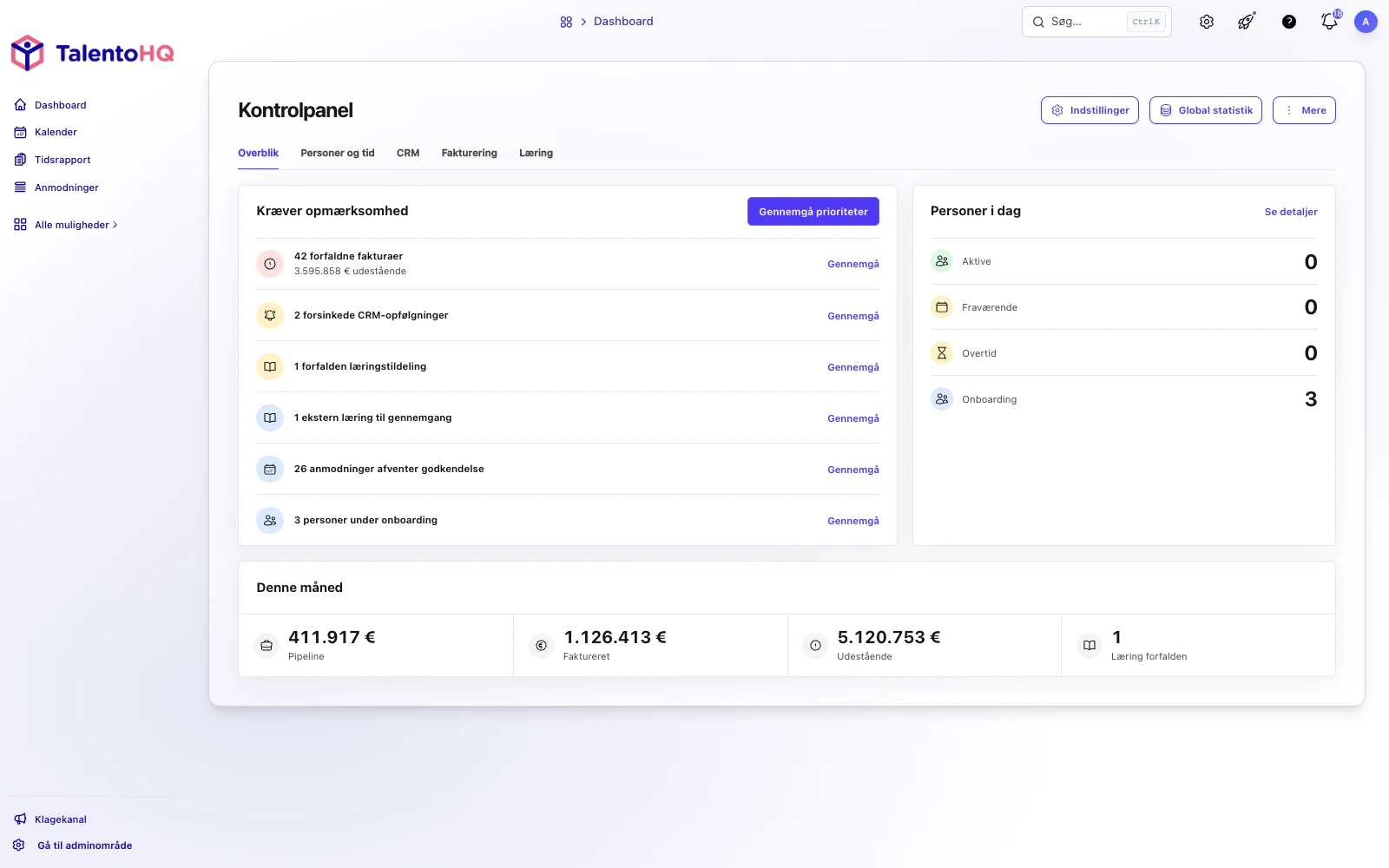 TalentoHQ-kontrolpanel med HR, fakturering og dokumenter