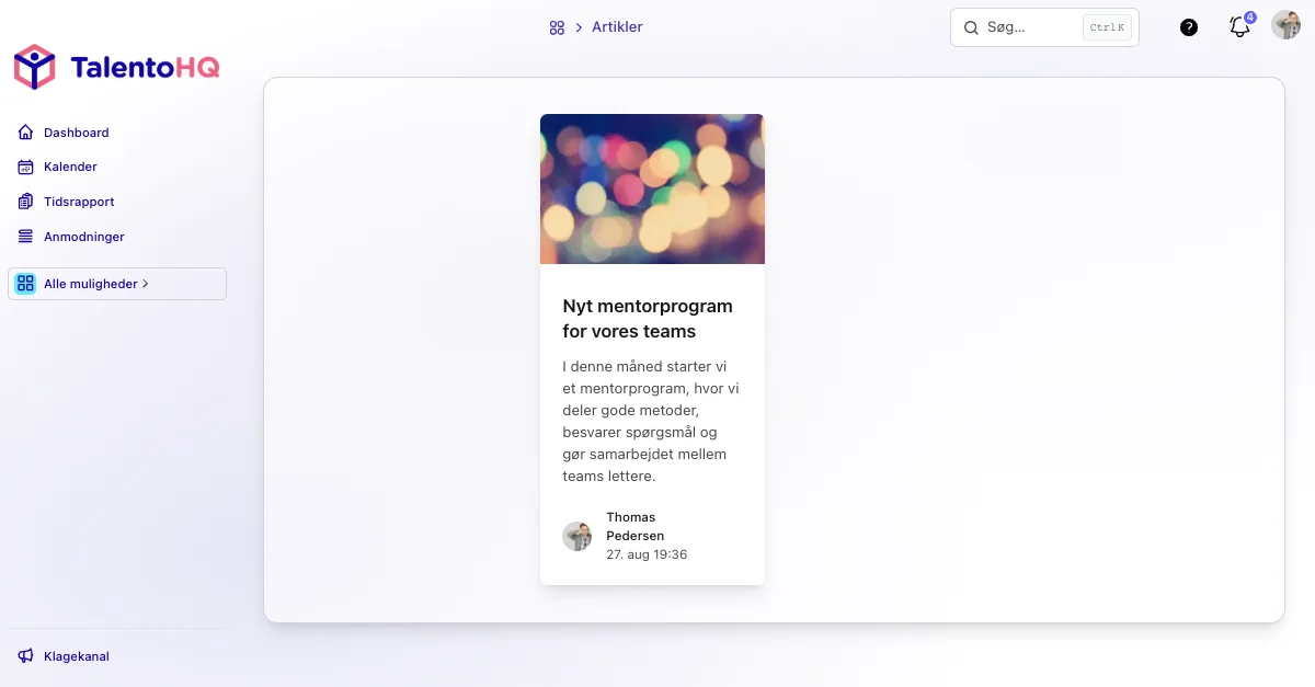 Interne nyheder i TalentoHQs medarbejderportal på dansk