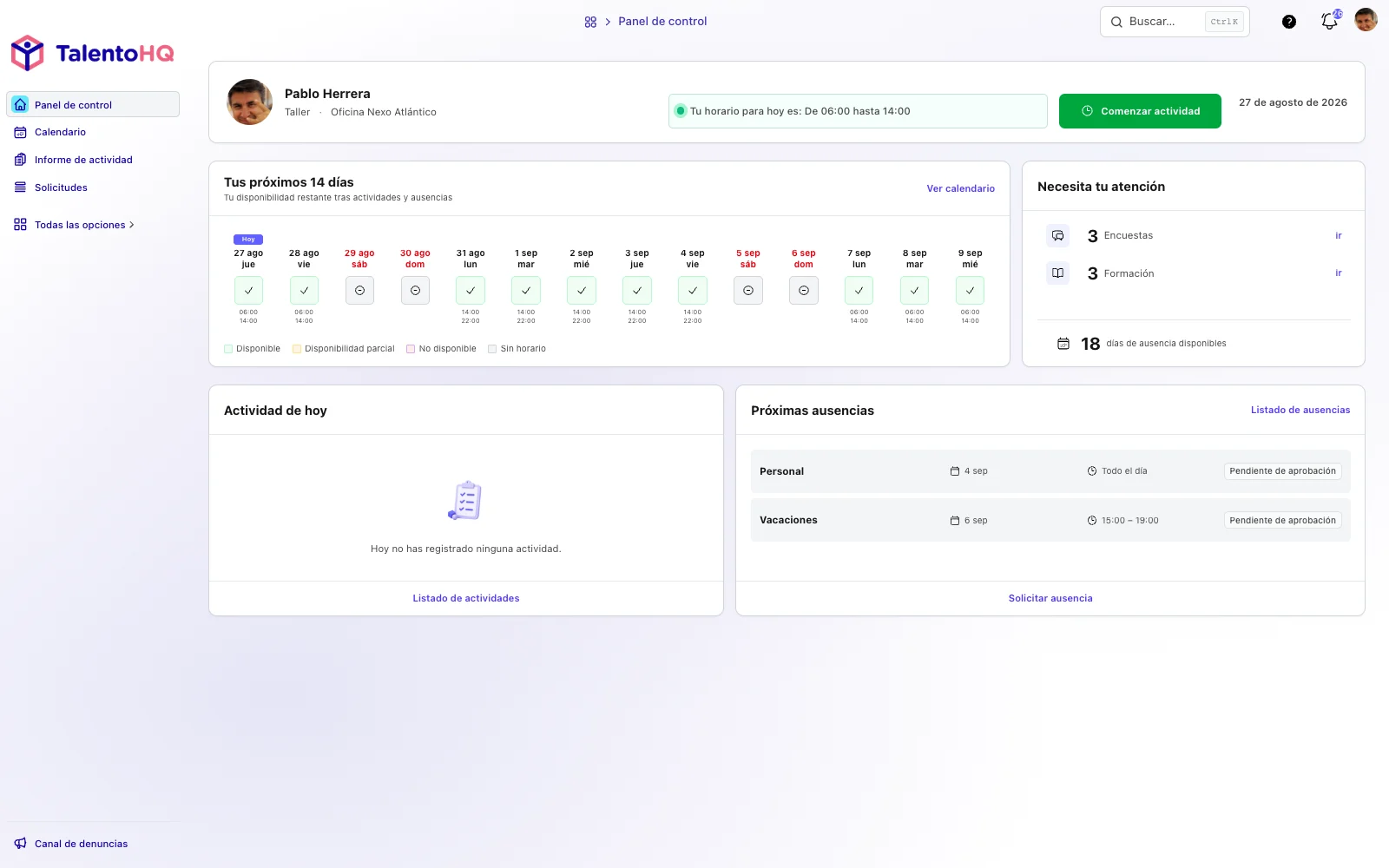 Panel de control de TalentoHQ para empleados de estancos