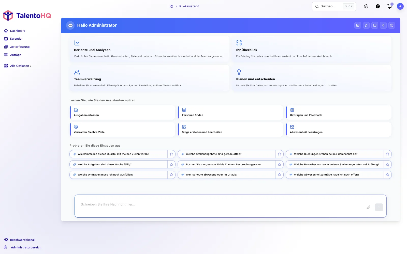 Startseite des TalentoHQ KI-Assistenten mit Beispielanfragen in deutscher Sprache