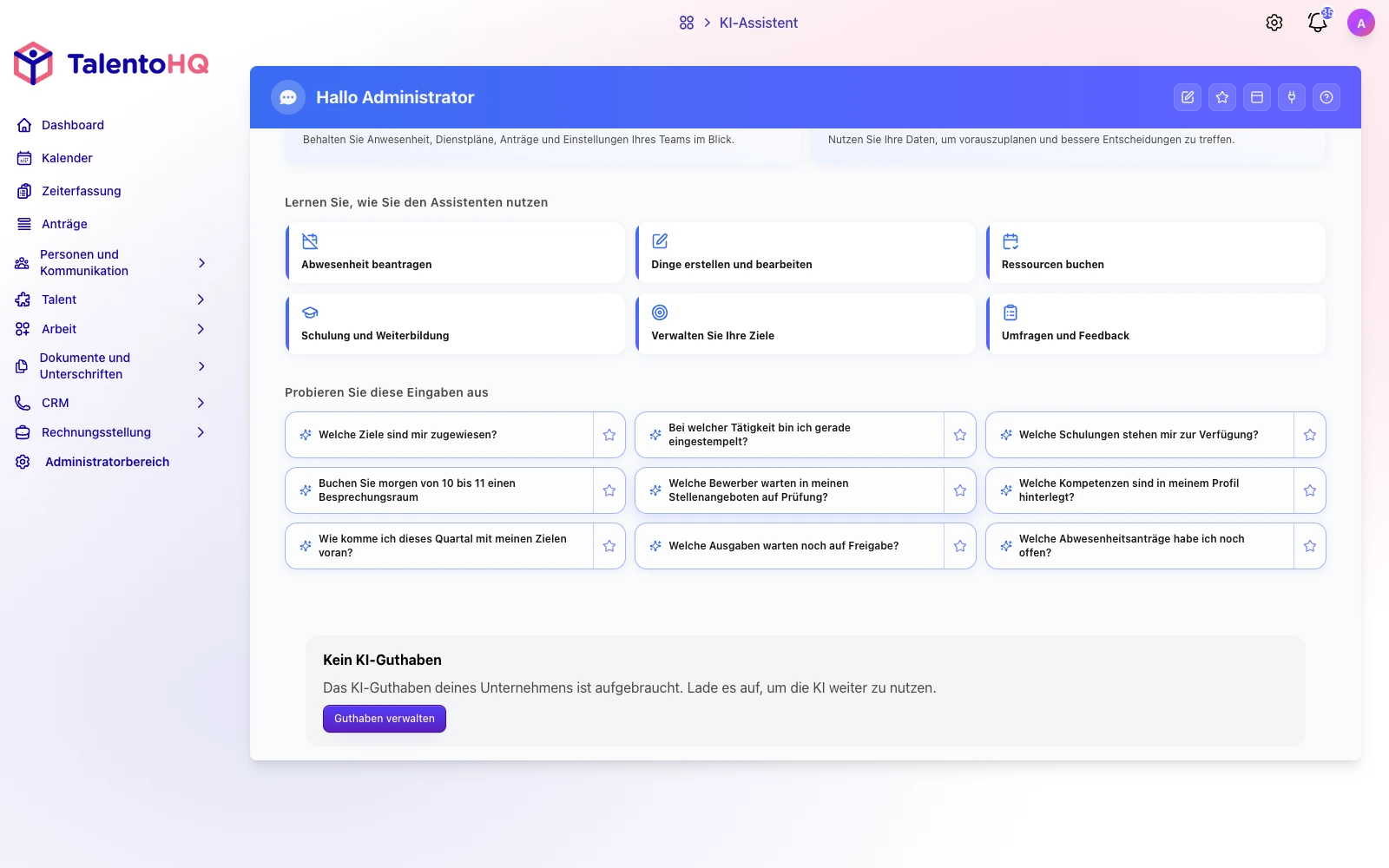 Startseite des TalentoHQ KI-Assistenten mit Beispielthemen in deutscher Sprache