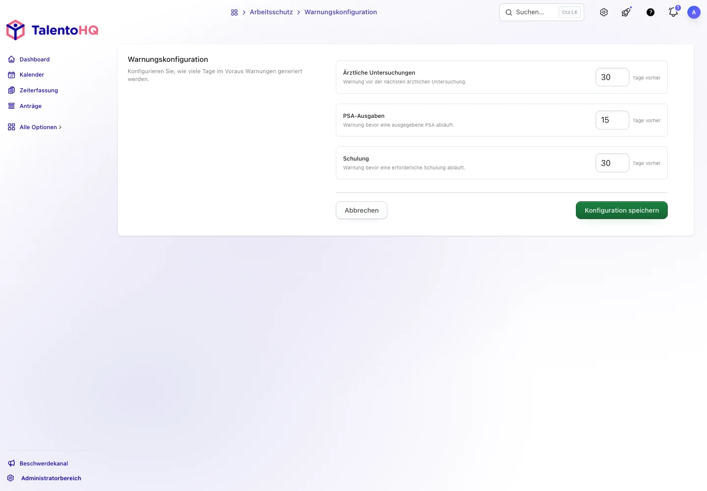 Konfiguration der Vorlaufzeit für Untersuchungen, PSA und Schulungen in TalentoHQ