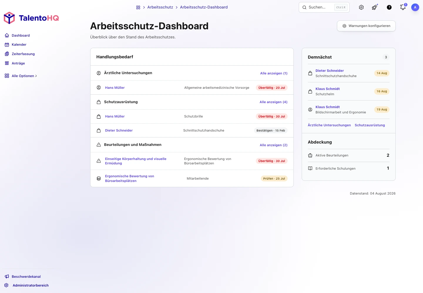 Arbeitsschutzübersicht in TalentoHQ mit fälligen, anstehenden und erfassten Vorgängen