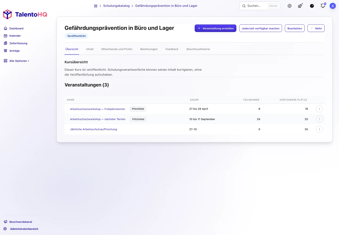 Details einer Arbeitsschutzschulung in TalentoHQ mit Veranstaltungen und Teilnehmenden