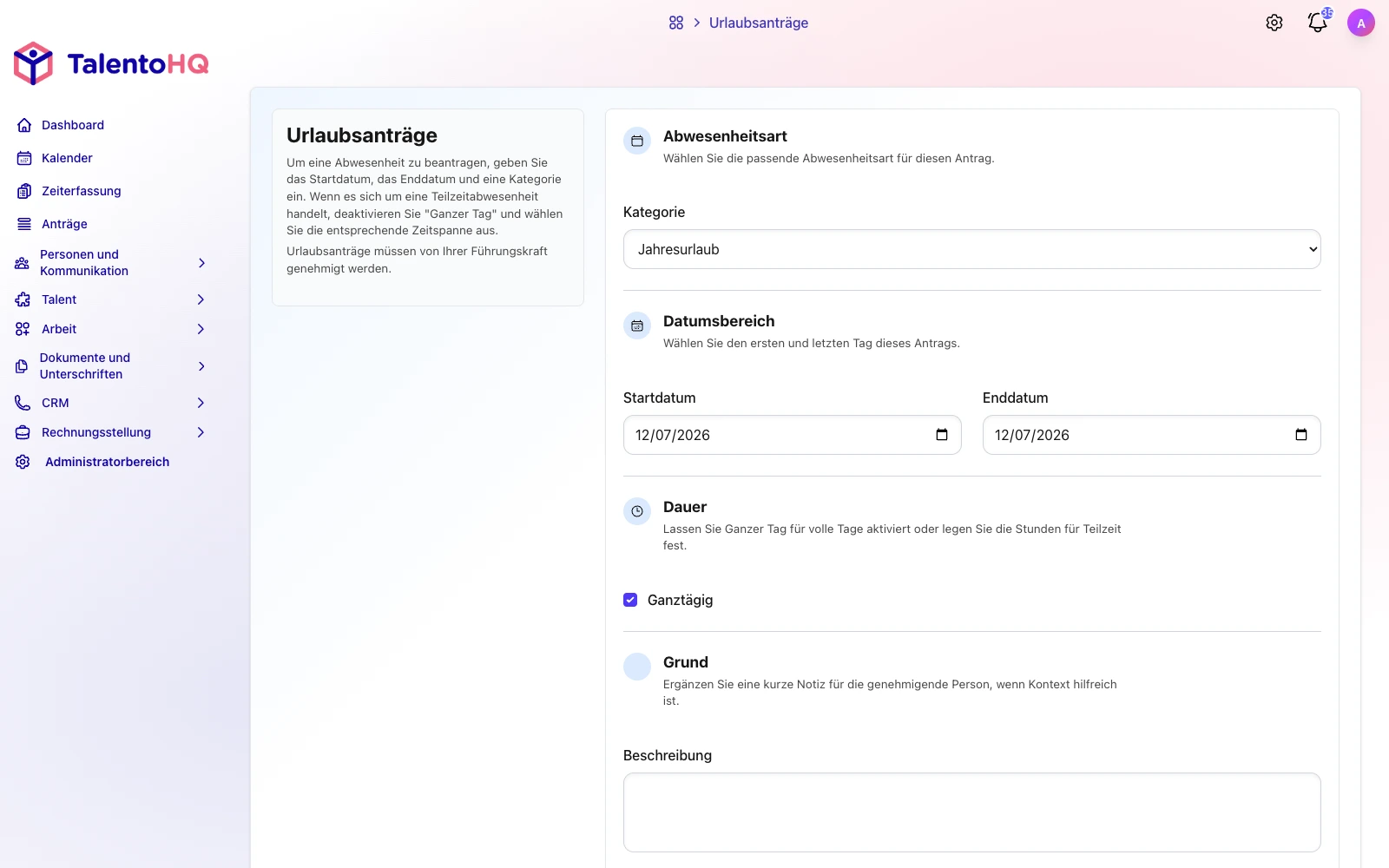 Abwesenheitsantrag in der deutschen TalentoHQ-Oberfläche