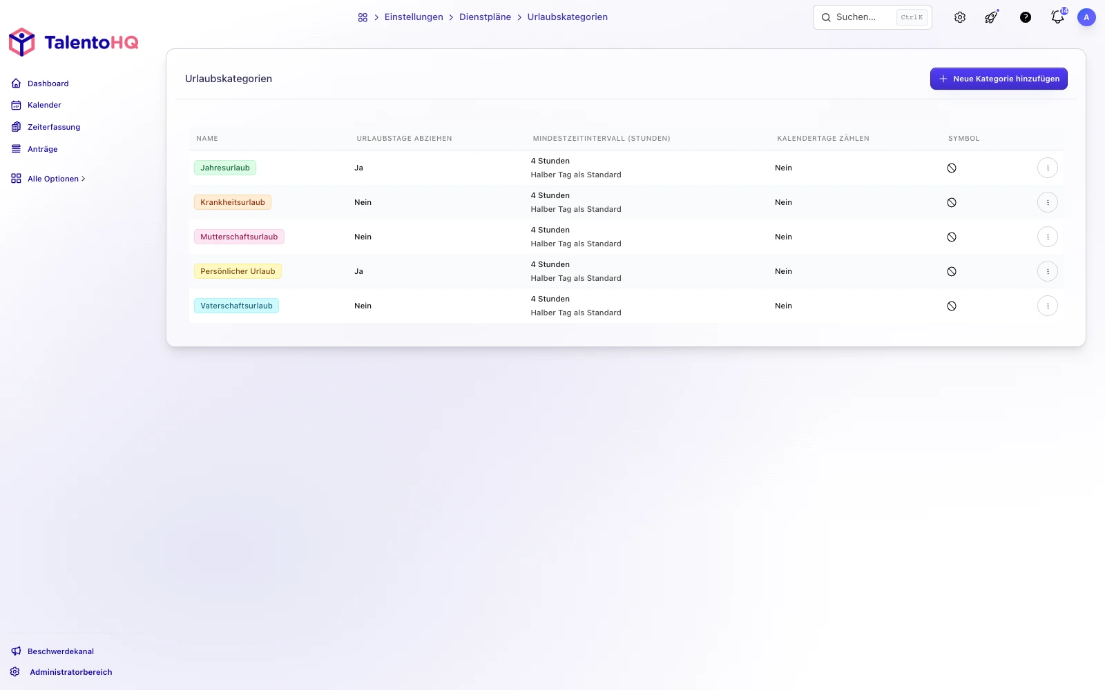 Abwesenheitskategorien mit Farben und Icons in TalentoHQ verwalten