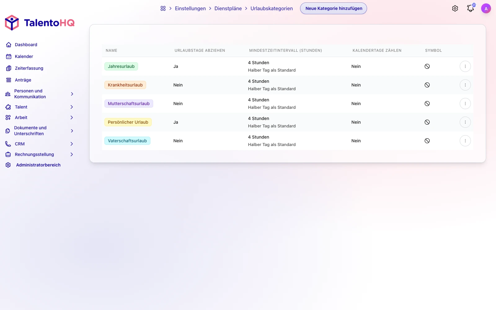Abwesenheitskategorien mit Farben und Icons in TalentoHQ verwalten