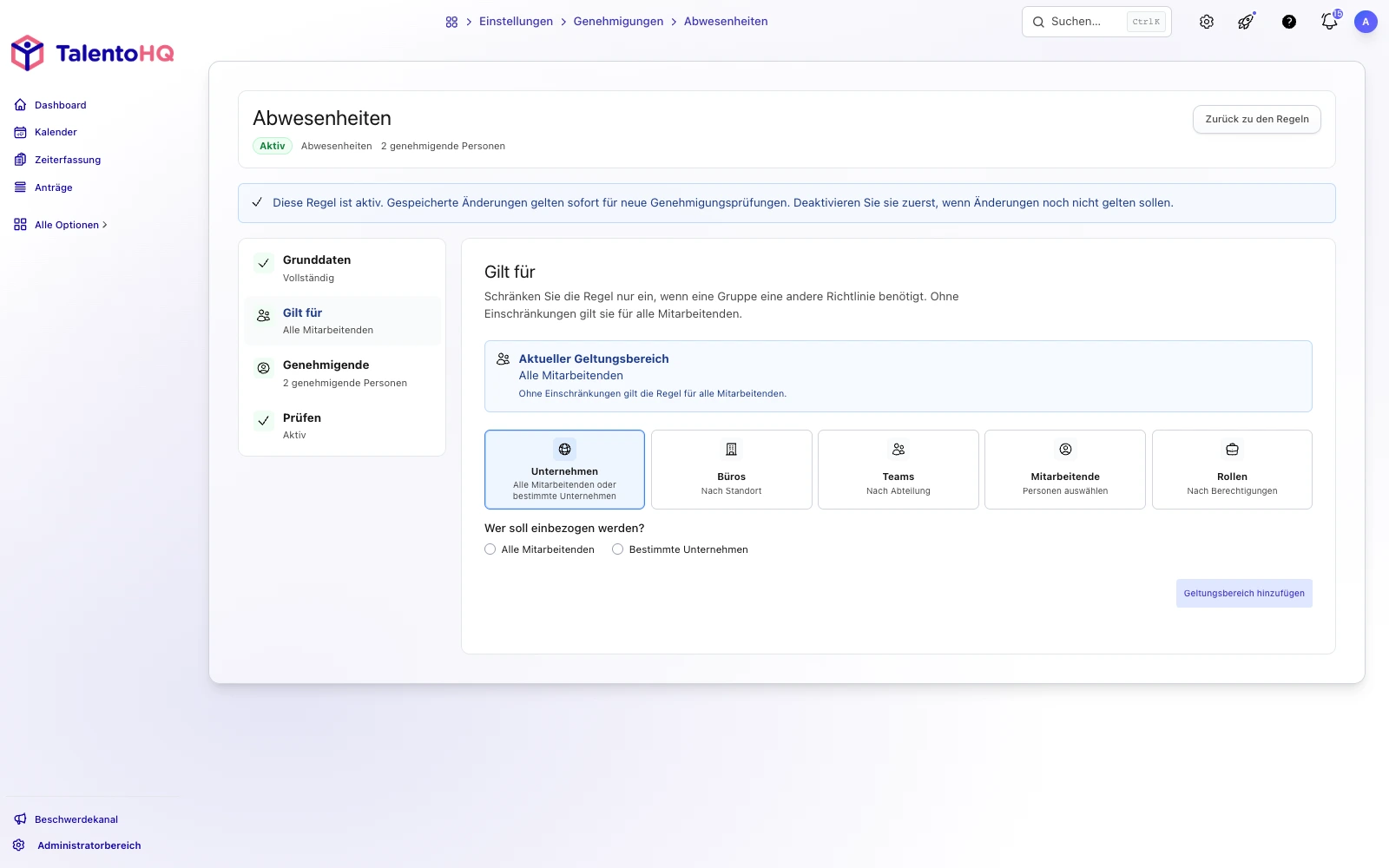 Genehmigungsprozess für Abwesenheiten und Urlaub in TalentoHQ konfigurieren