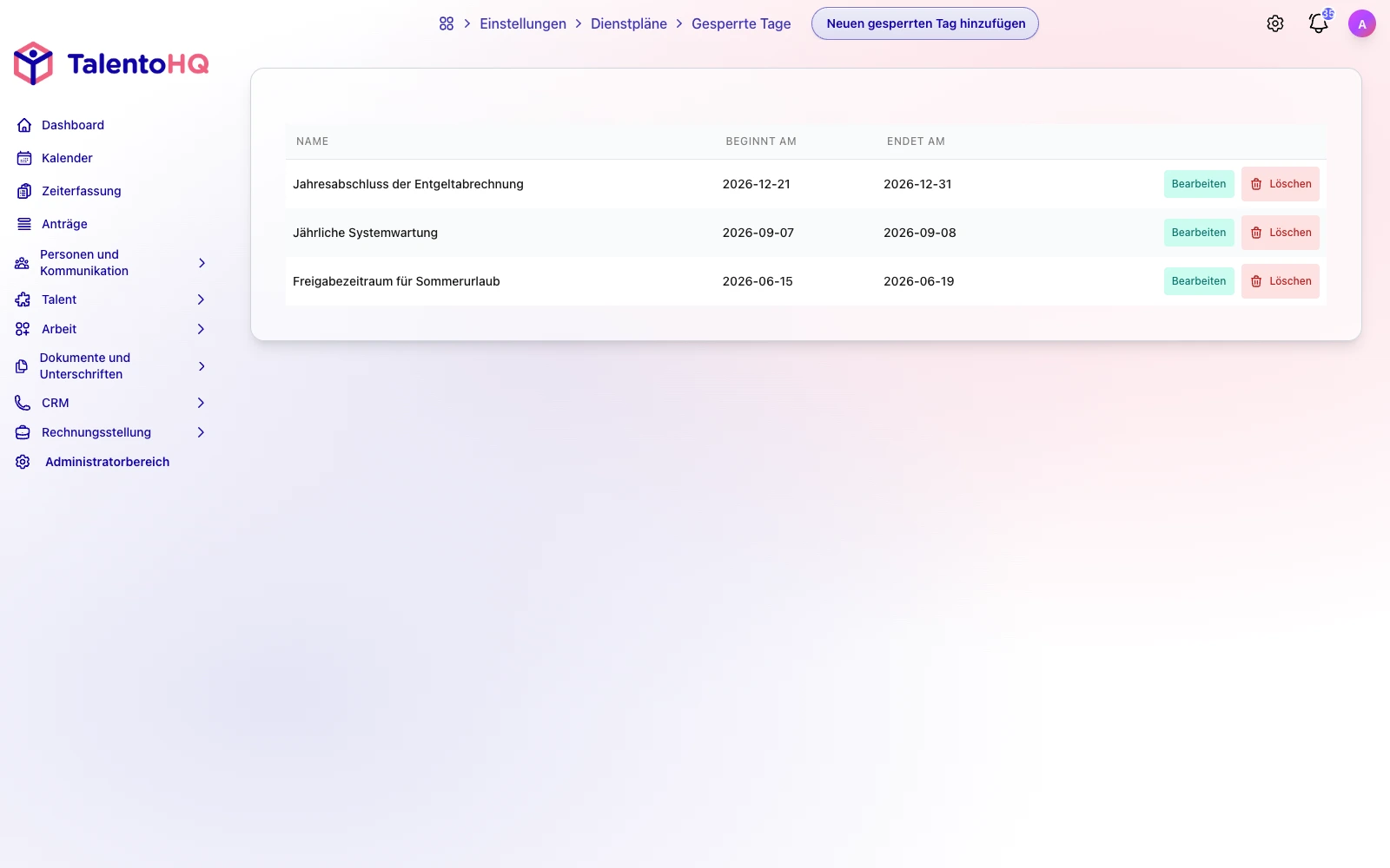 Gesperrte Tage für Urlaubsanträge in TalentoHQ