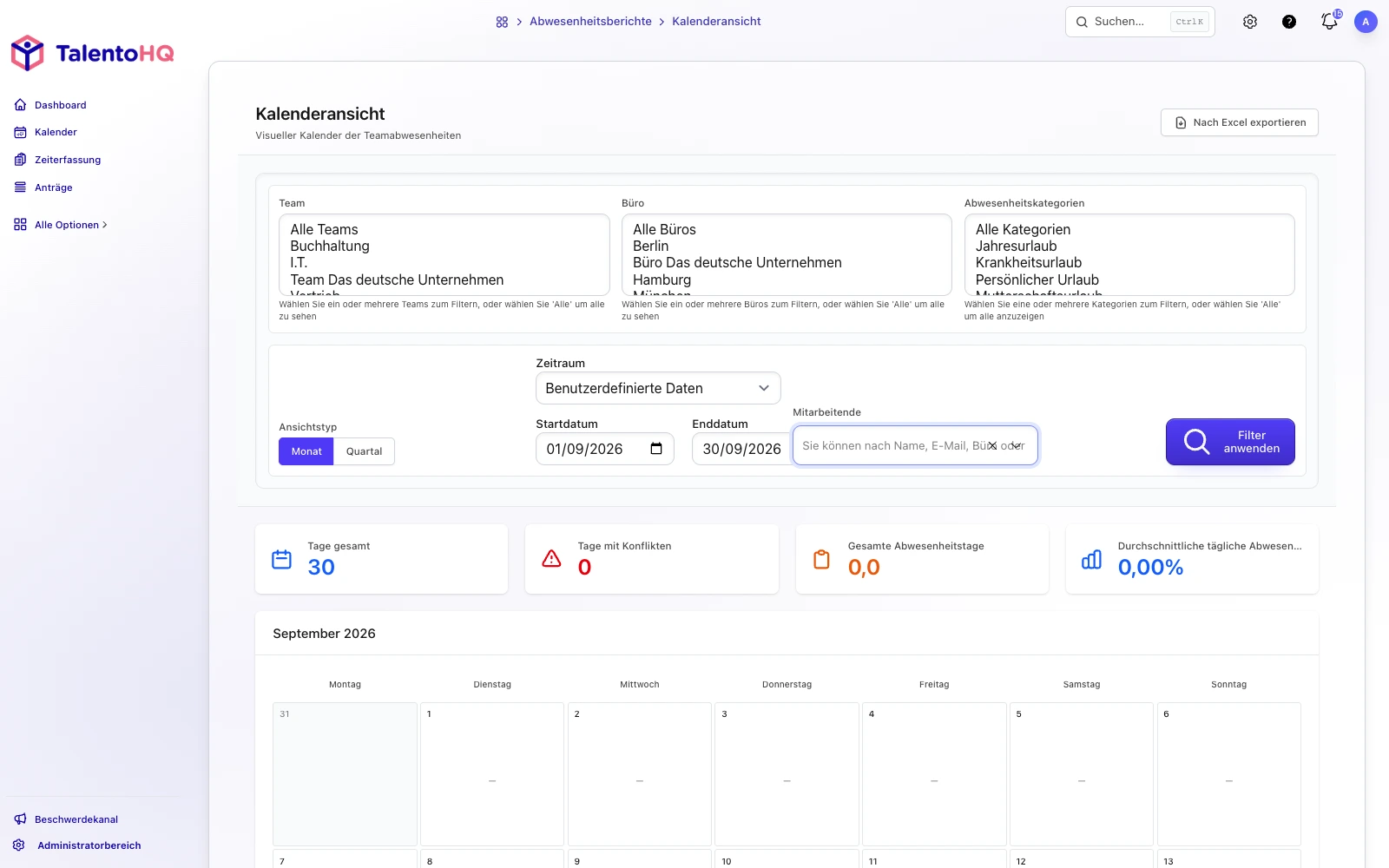 Teamkalender für Abwesenheiten und Urlaub in TalentoHQ