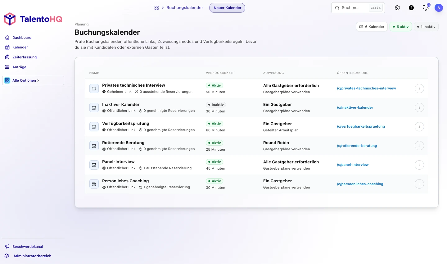 Liste aktiver und inaktiver Buchungskalender in TalentoHQ