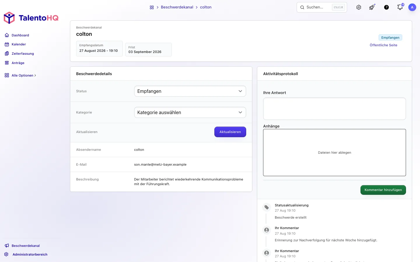 Deutscher Hinweisgeberfall mit Status, Kommentaren und Verlauf in TalentoHQ