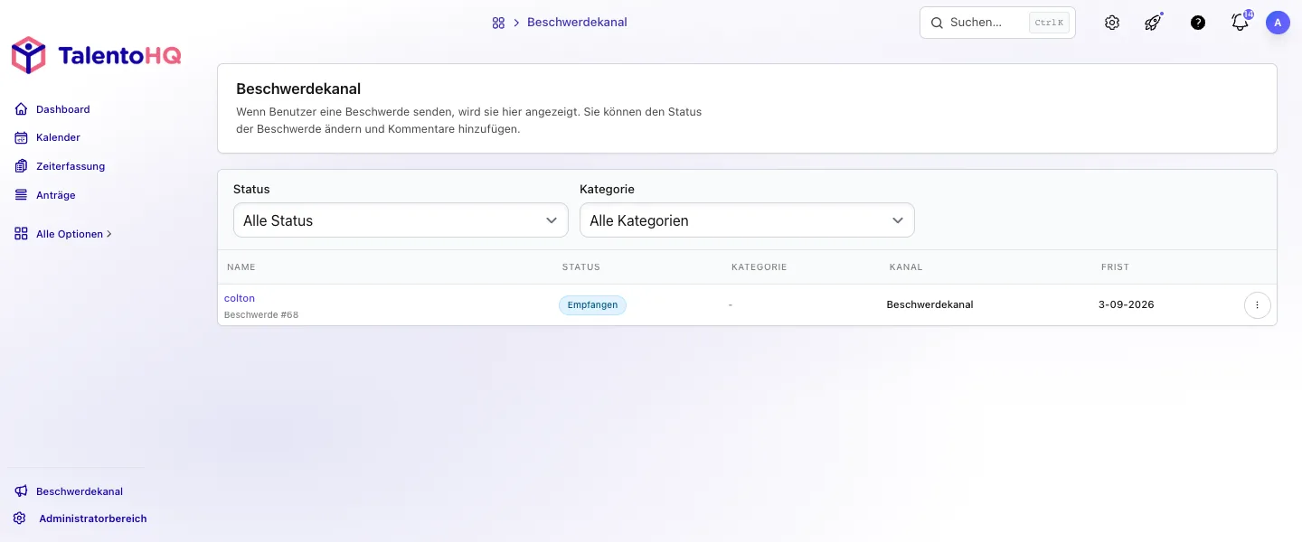 Deutsches internes Hinweisgeberpostfach mit Status- und Kategoriefiltern in TalentoHQ