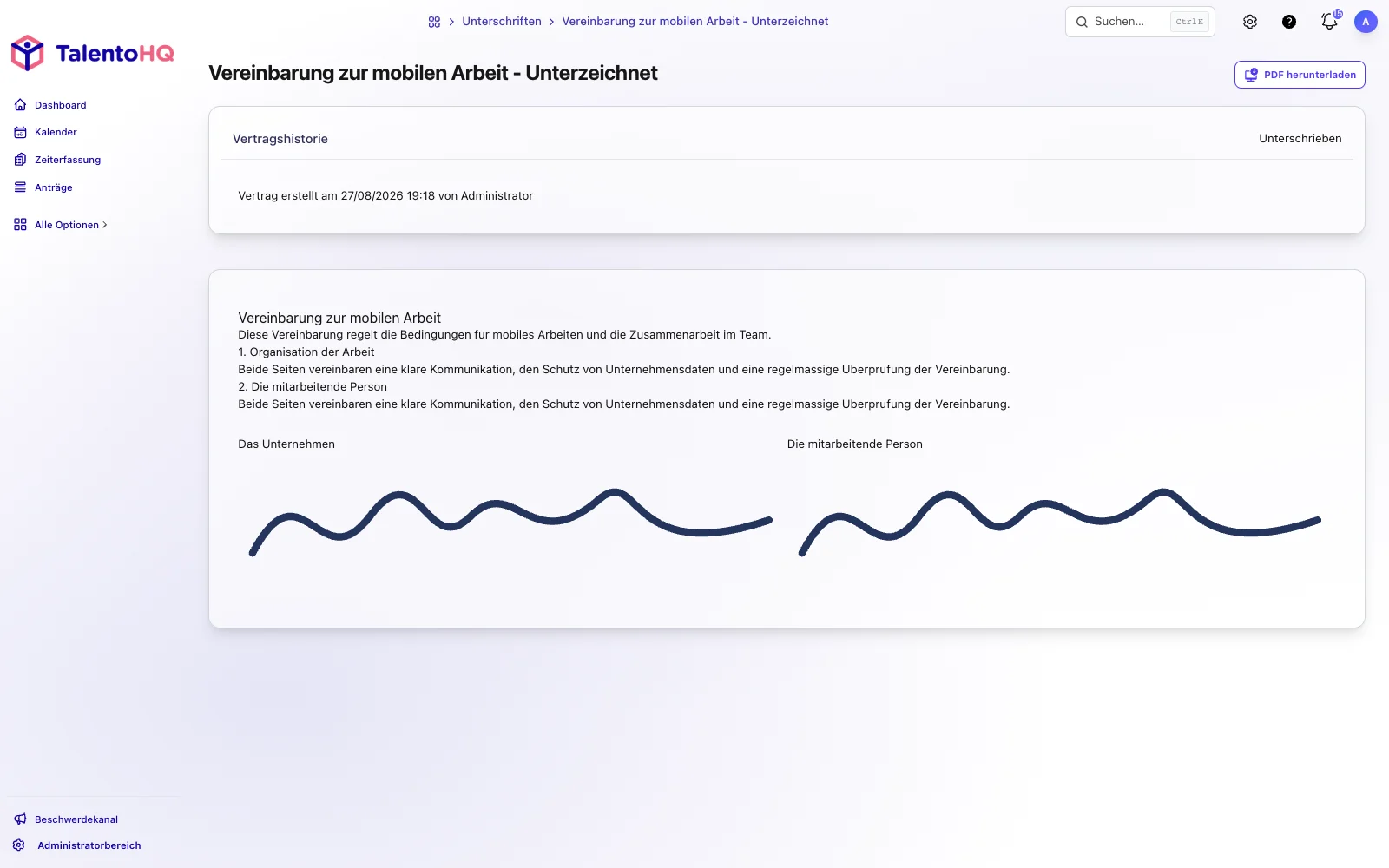 Download eines unterschriebenen Vertrags als PDF in TalentoHQ