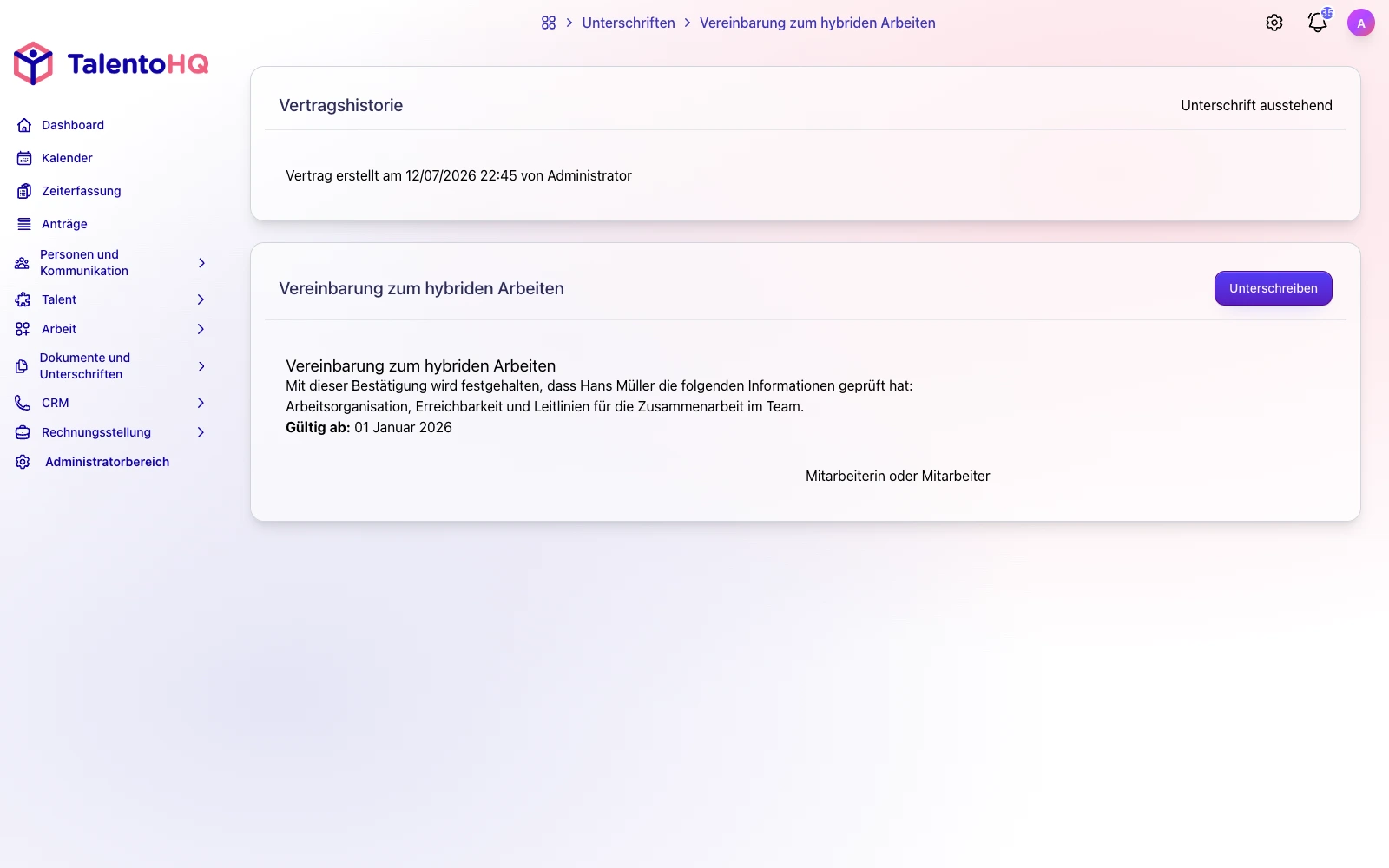 Digital unterzeichnetes Dokument in TalentoHQ zur strukturierten Verwaltung von Austrittsunterlagen