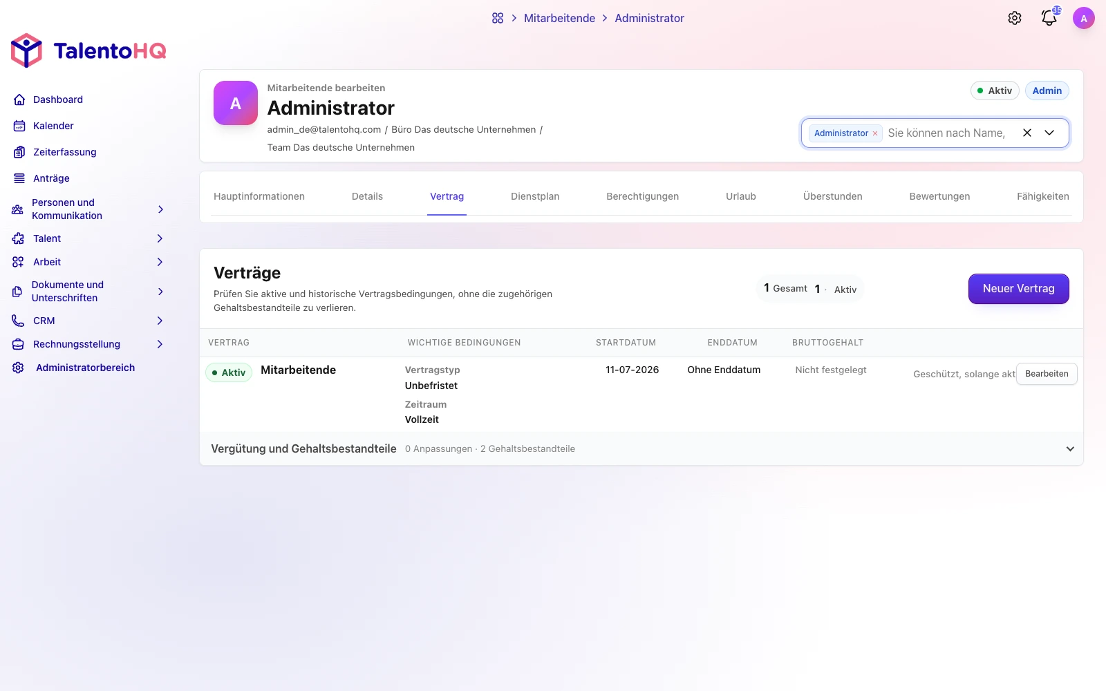 Vertragserstellung in TalentoHQ mit vorausgefüllten Mitarbeiterdaten