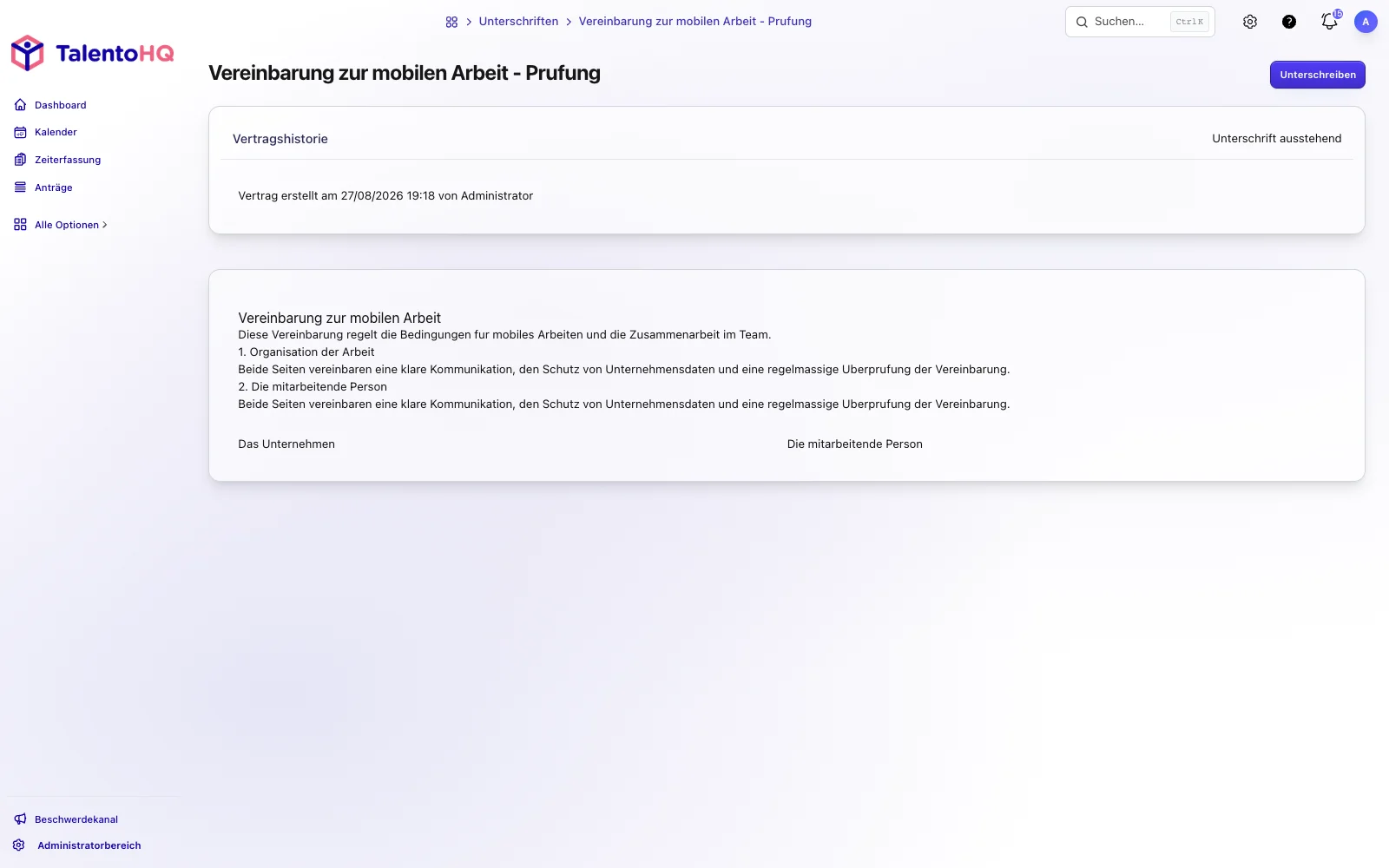 Digitale Bereitstellung und Unterzeichnung von Arbeitsdokumenten in TalentoHQ