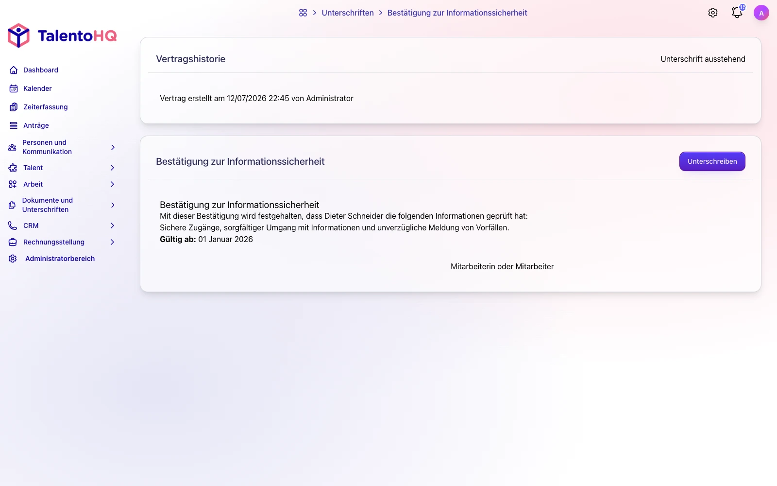Digitale Bereitstellung und Unterzeichnung von Arbeitsdokumenten in TalentoHQ
