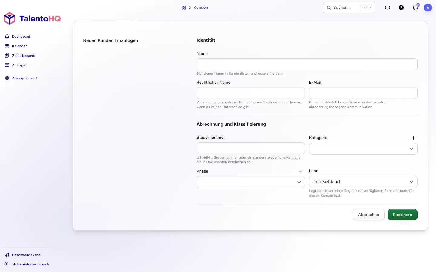 Deutsches Kundenformular mit Identität und Abrechnungsangaben in TalentoHQ