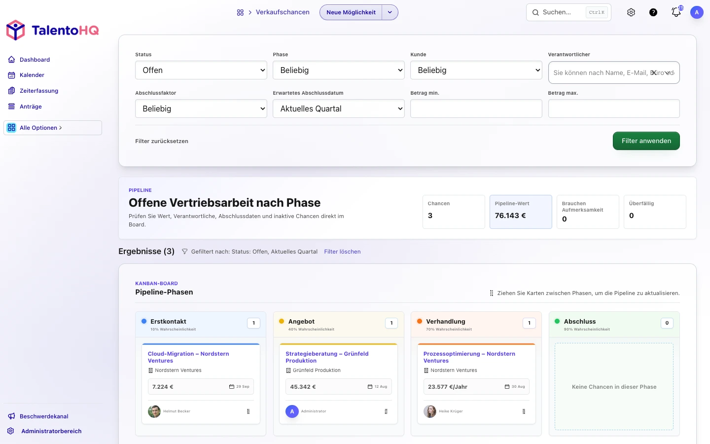 Kanban-Vertriebspipeline mit deutschen Phasen in der deutschen TalentoHQ Oberfläche