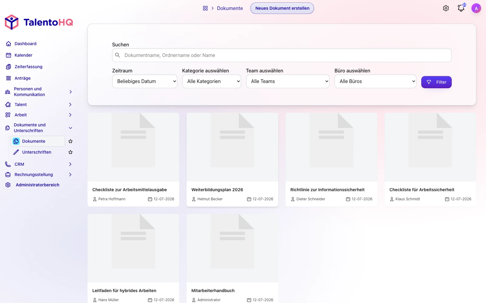 Liste von Personaldokumenten in der deutschen TalentoHQ-Oberfläche