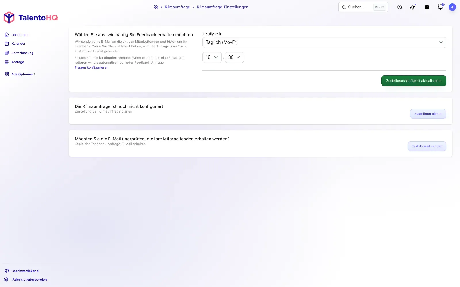 Versandeinstellungen einer Mitarbeiterbefragung in der deutschen TalentoHQ-Oberfläche