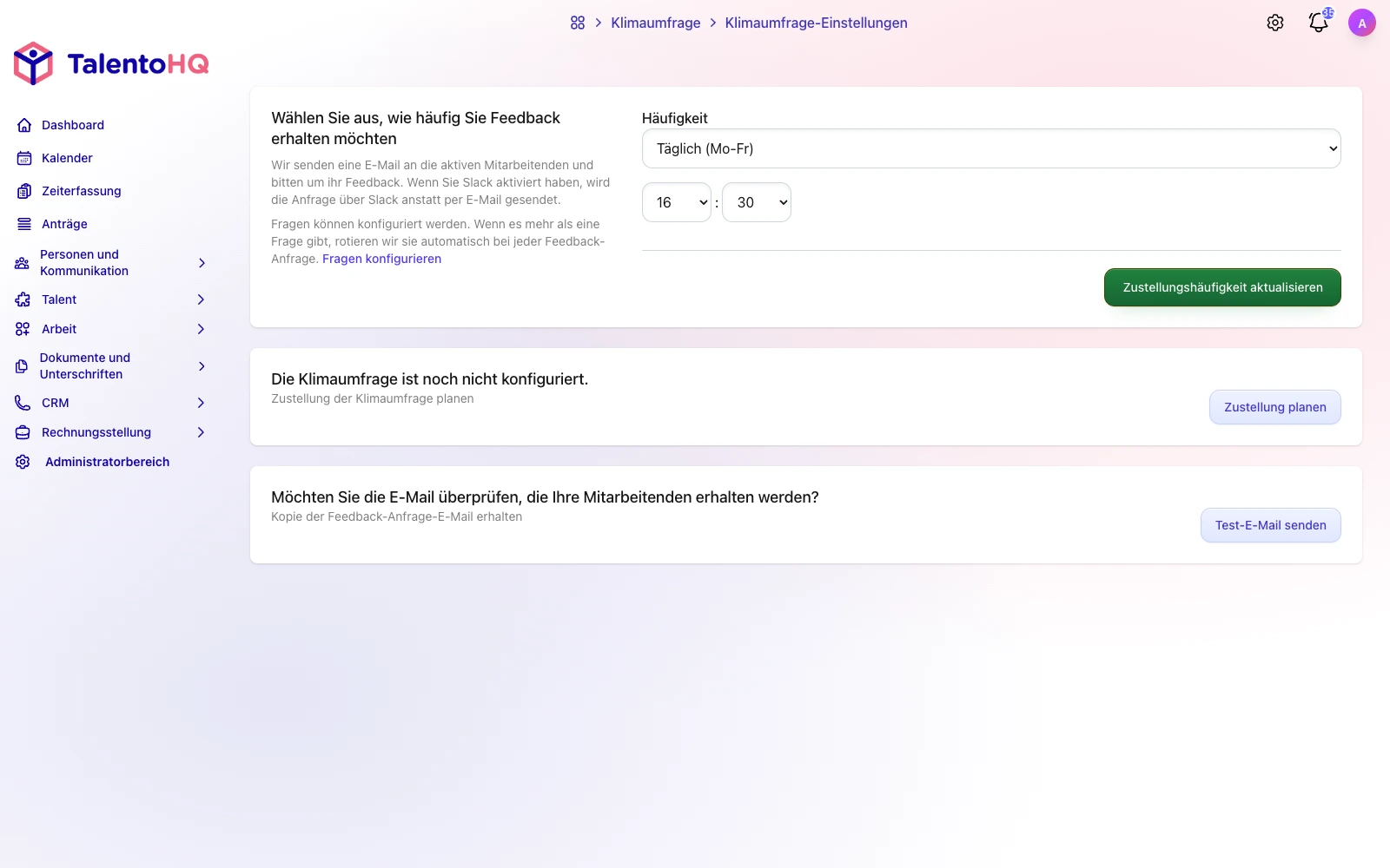 Versandeinstellungen einer Mitarbeiterbefragung in der deutschen TalentoHQ-Oberfläche