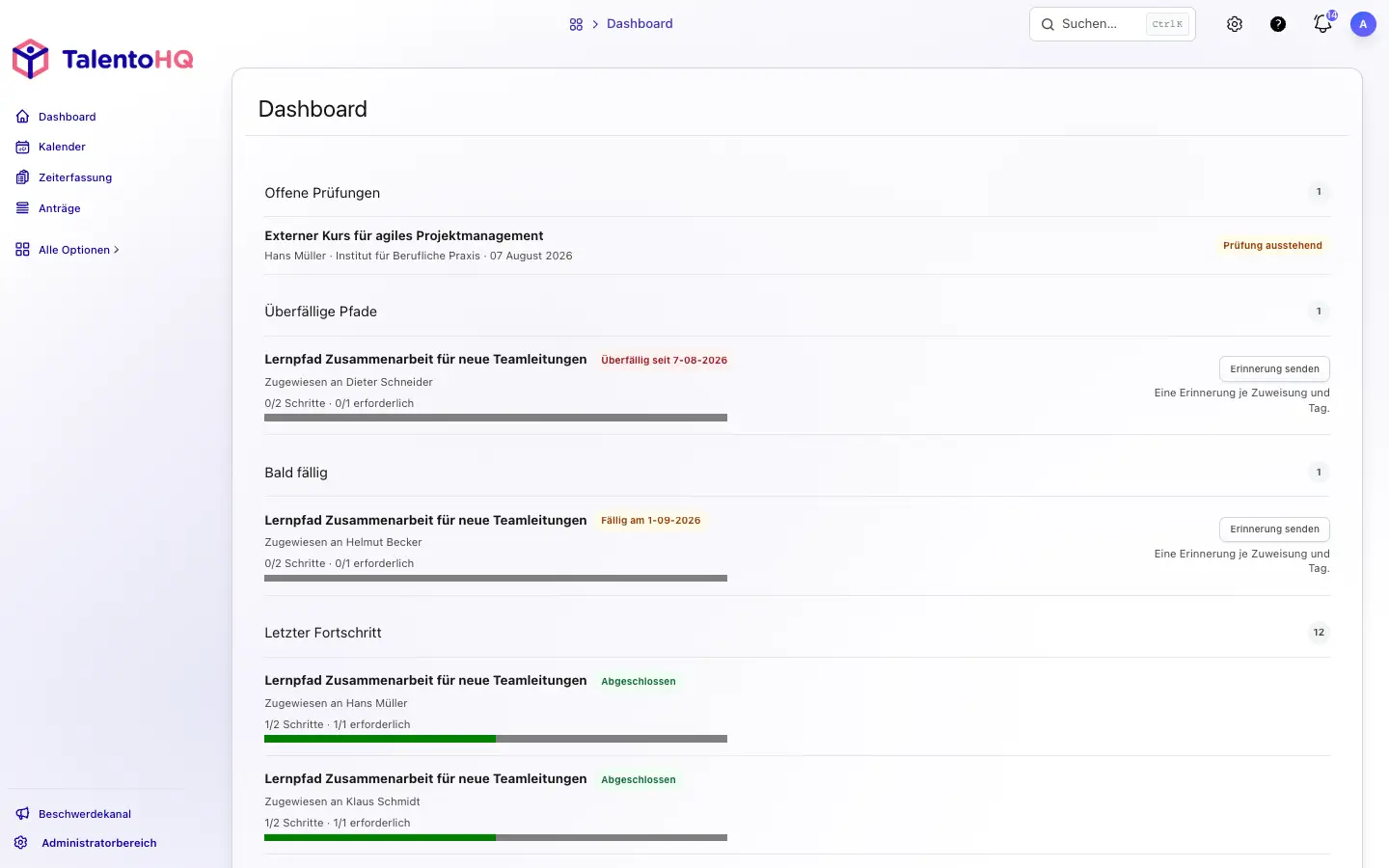 Führungskräfte-Dashboard in TalentoHQ mit überfälligen Lernpfaden, nahen Fristen, Fortschritt und Erinnerungen