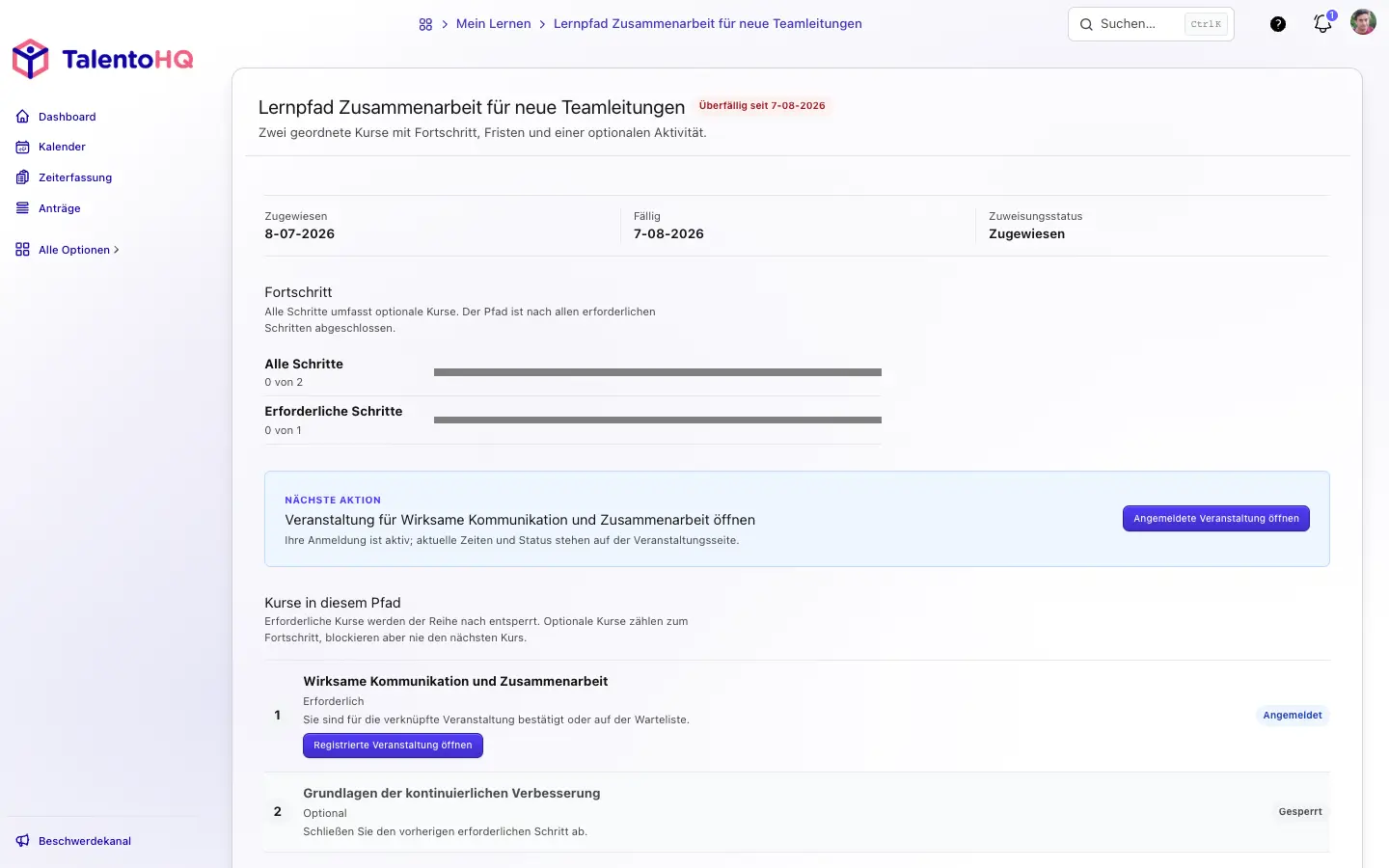 Lernpfad für Mitarbeitende in TalentoHQ mit Frist, Fortschrittsanzeigen, nächster Aktion und gesperrtem Kurs