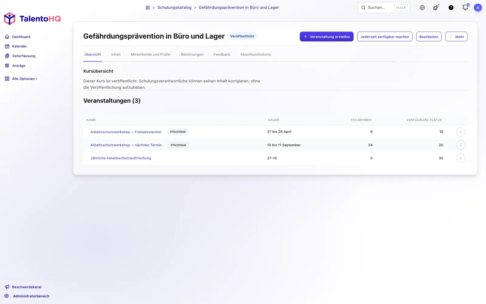Kursdetails und Teilnehmendenstatus in der deutschen TalentoHQ-Oberfläche