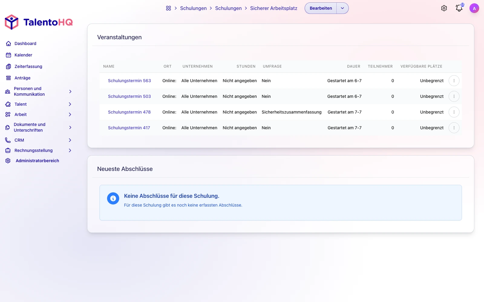 Kursdetails und Teilnehmendenstatus in der deutschen TalentoHQ-Oberfläche