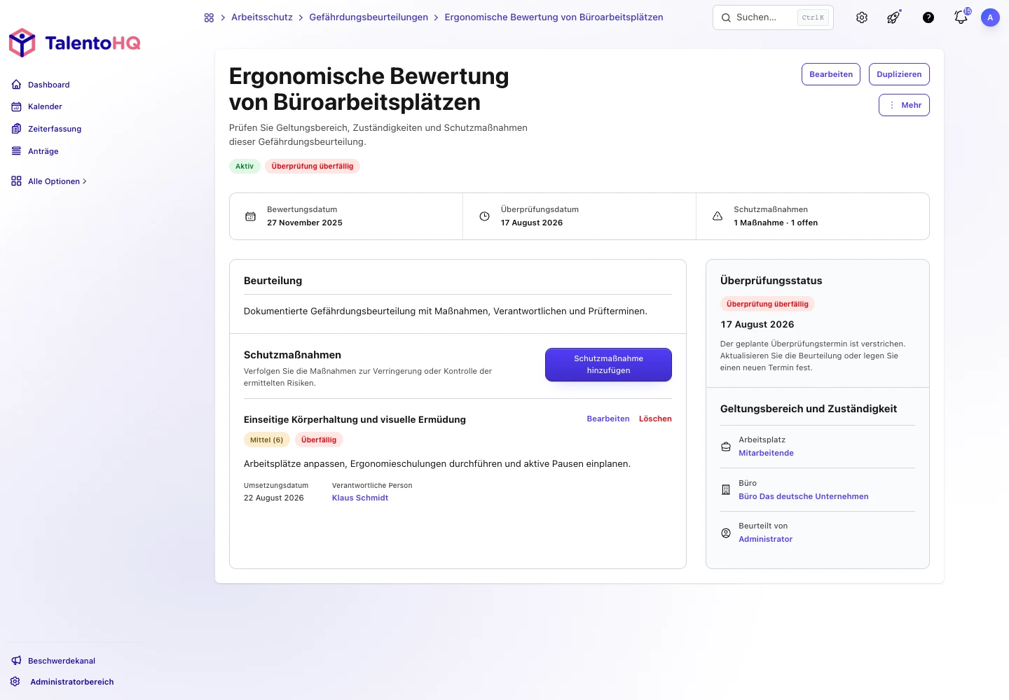Gefährdungsbeurteilung in TalentoHQ mit Maßnahme, verantwortlicher Person und überfälliger Prüfung