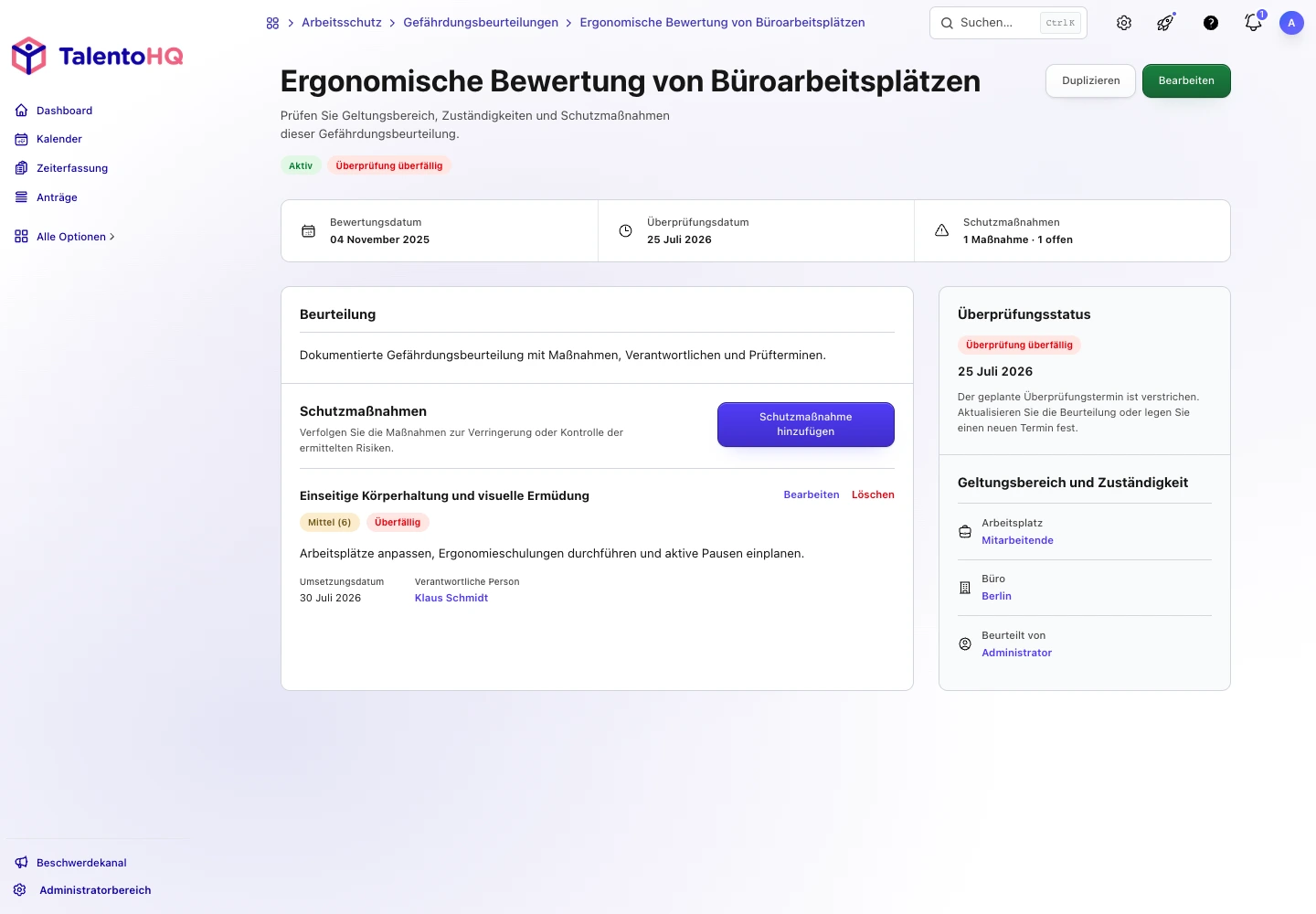 Gefährdungsbeurteilung in TalentoHQ mit Maßnahme, verantwortlicher Person und überfälliger Prüfung