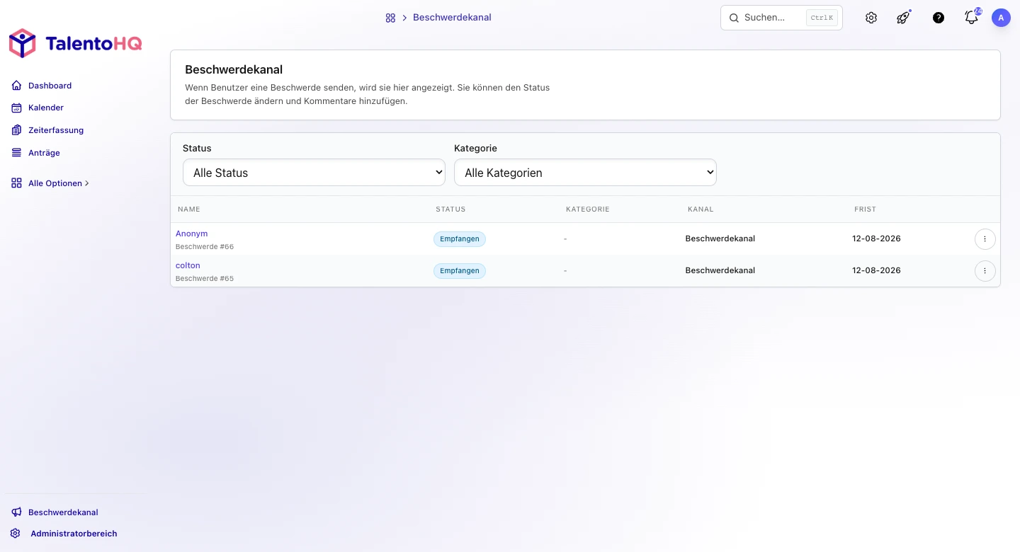 Internes Postfach des Hinweisgeberkanals in der deutschen TalentoHQ Oberfläche