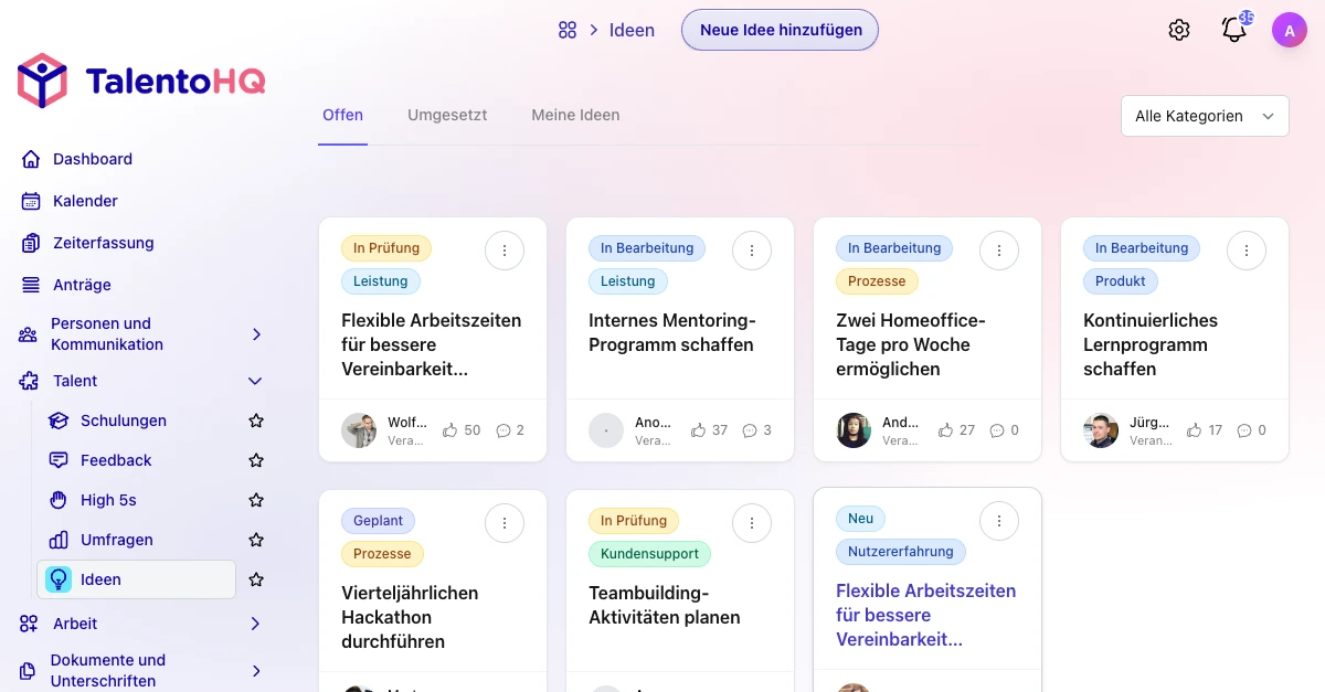 Ideen im Mitarbeiterportal von TalentoHQ