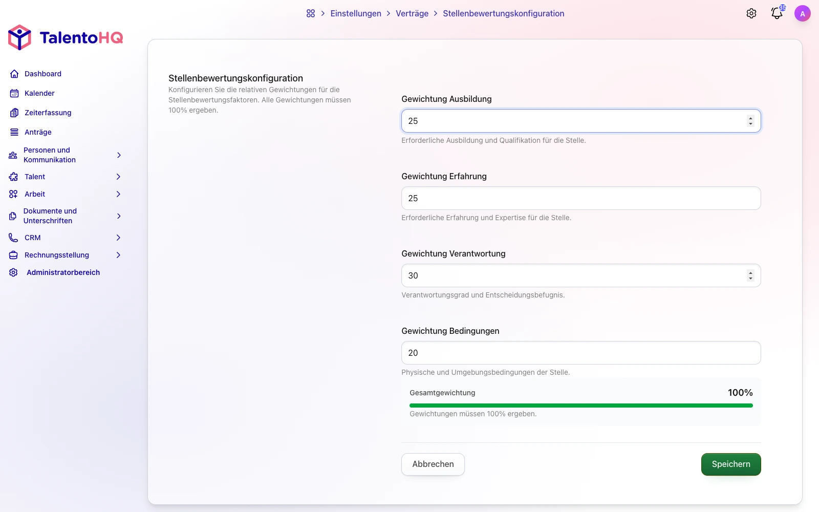 Stellenbewertung in TalentoHQ mit gewichteten Faktoren und objektiver Punktzahl
