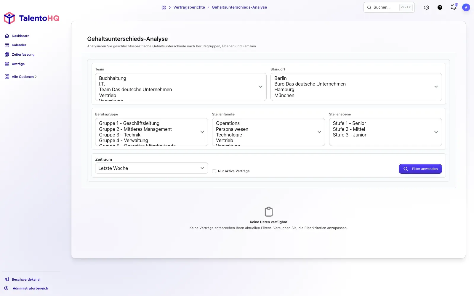 Entgeltlückenbericht in TalentoHQ mit Kennzahlen, Warnhinweisen und Aufschlüsselung nach Gruppe und Geschlecht