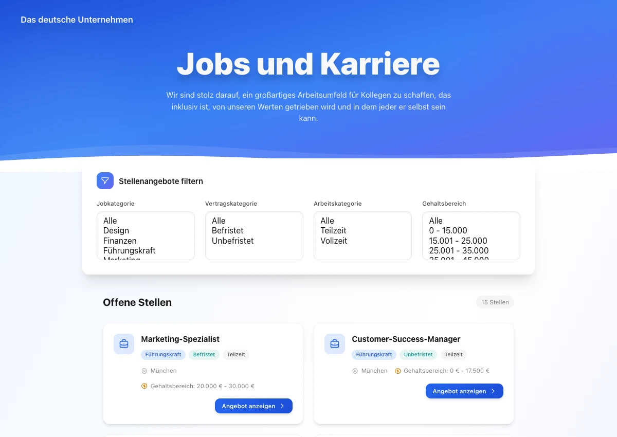 Öffentliche deutsche Karriereseite mit Filtern und offenen Stellen