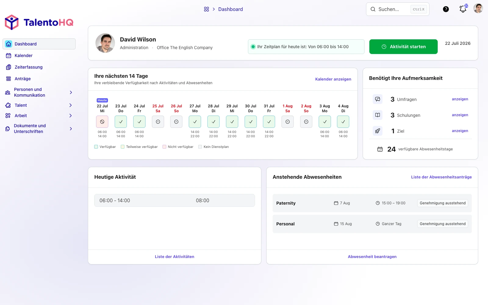 Deutsches Mitarbeiter-Dashboard von TalentoHQ für die tägliche Teamverwaltung