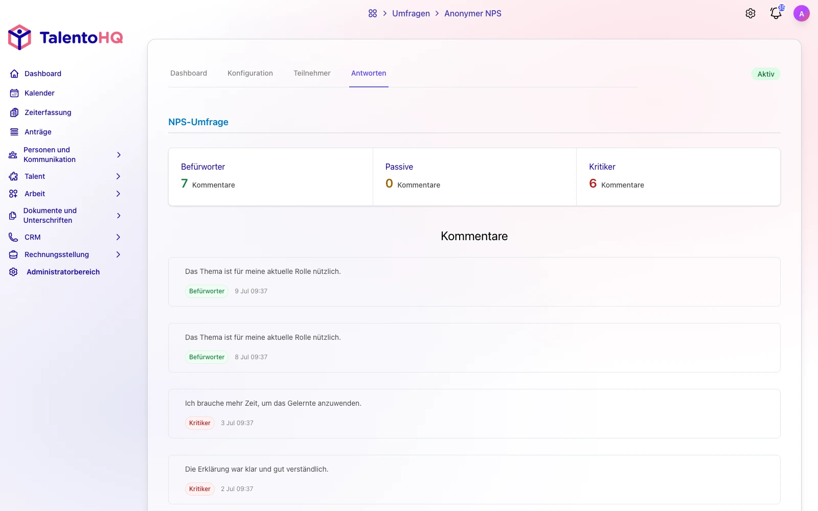 NPS-Entwicklung in TalentoHQ