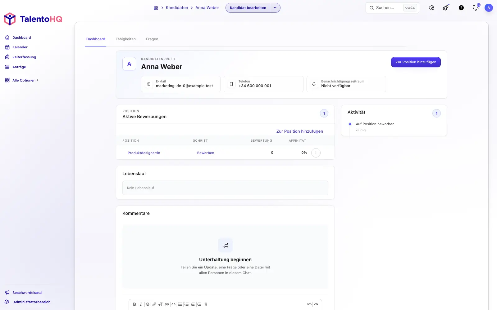 Kandidatenprofil in TalentoHQ mit Bewertung, Kompetenzen und Kommentaren