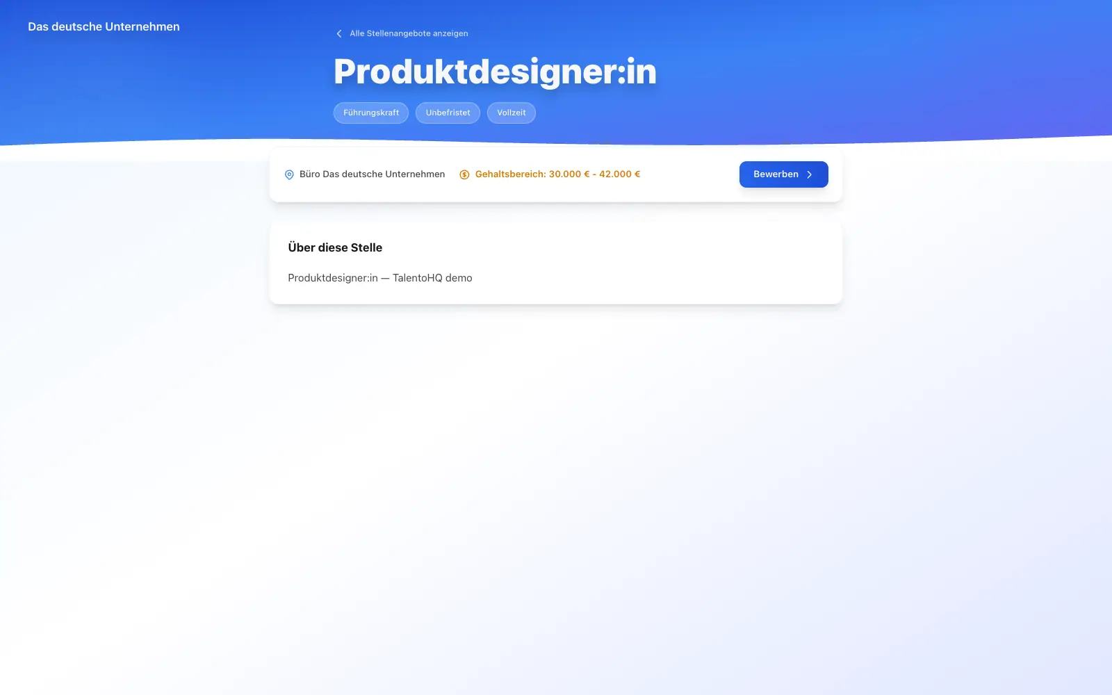 Öffentliche Stellenanzeige in TalentoHQ mit Titel, Vertragsart und Gehaltsspanne