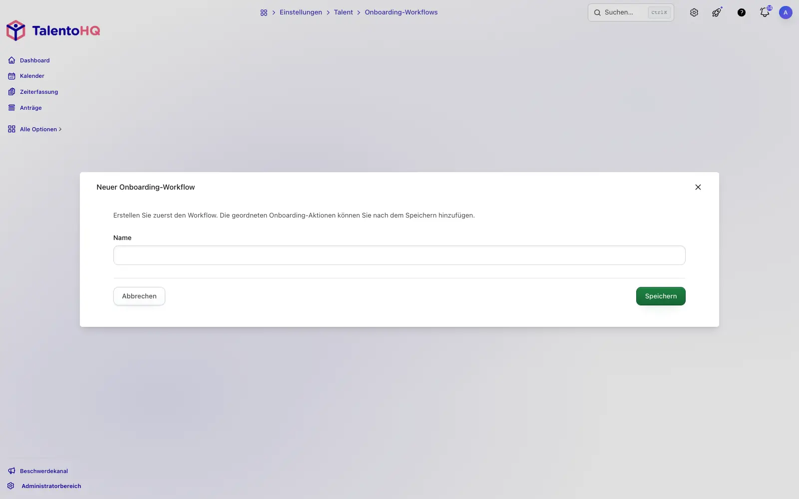 Neue Onboarding-Vorlage in der deutschen TalentoHQ-Oberfläche