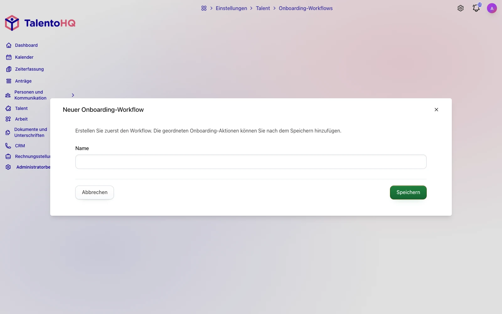 Neue Onboarding-Vorlage in der deutschen TalentoHQ-Oberfläche