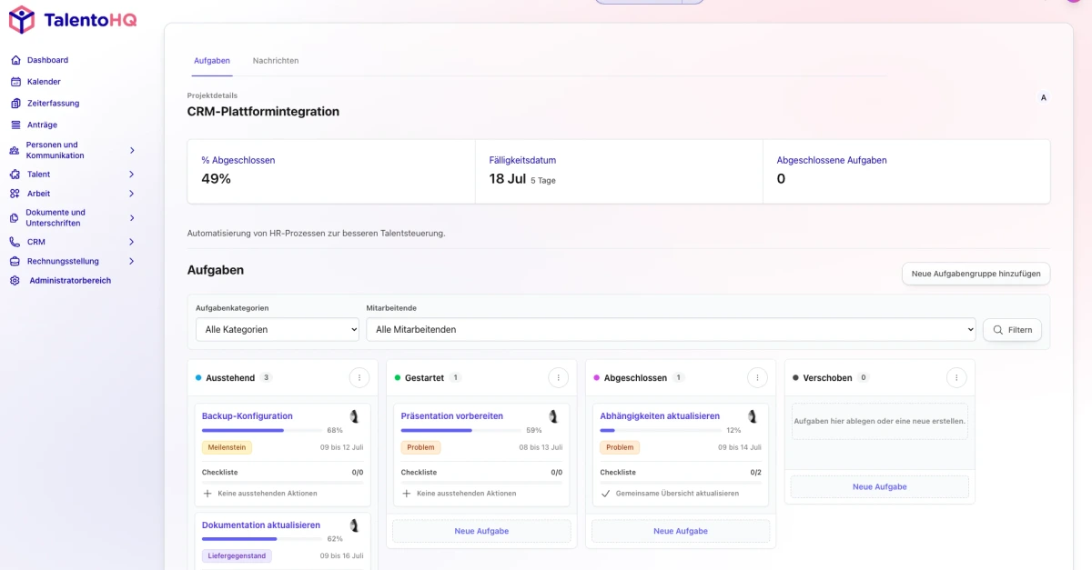 Projekt mit Aufgaben in der deutschen TalentoHQ Oberfläche