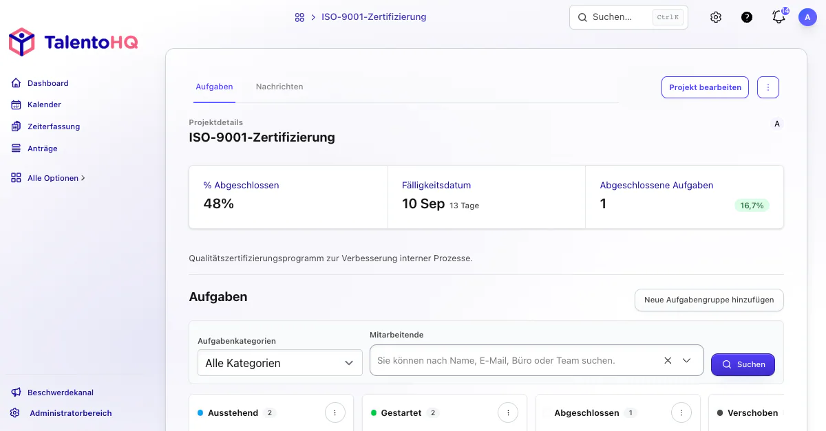 Projekt mit Aufgaben in der deutschen TalentoHQ Oberfläche