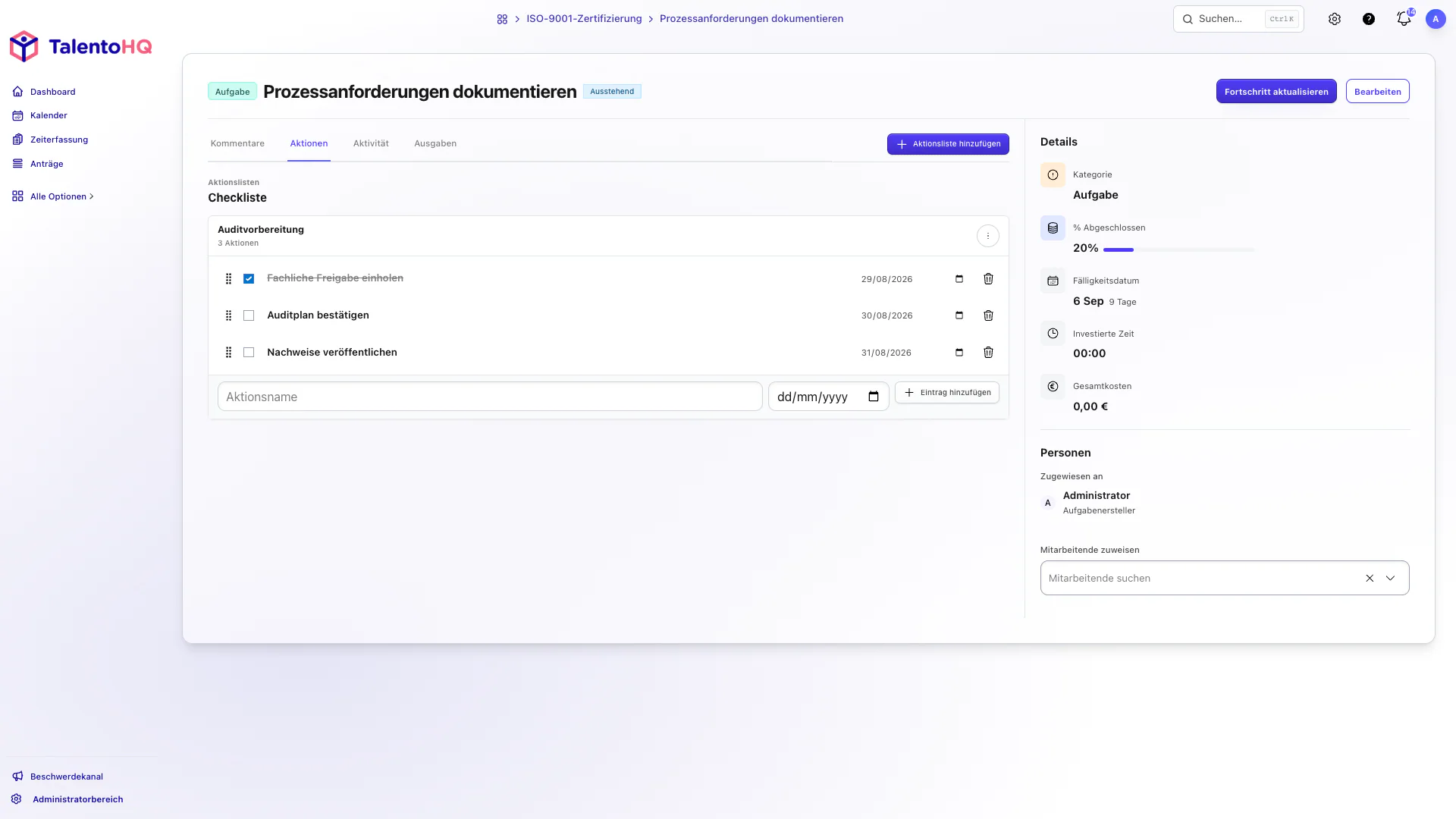 Checklistenaktionen einer Aufgabe in TalentoHQ