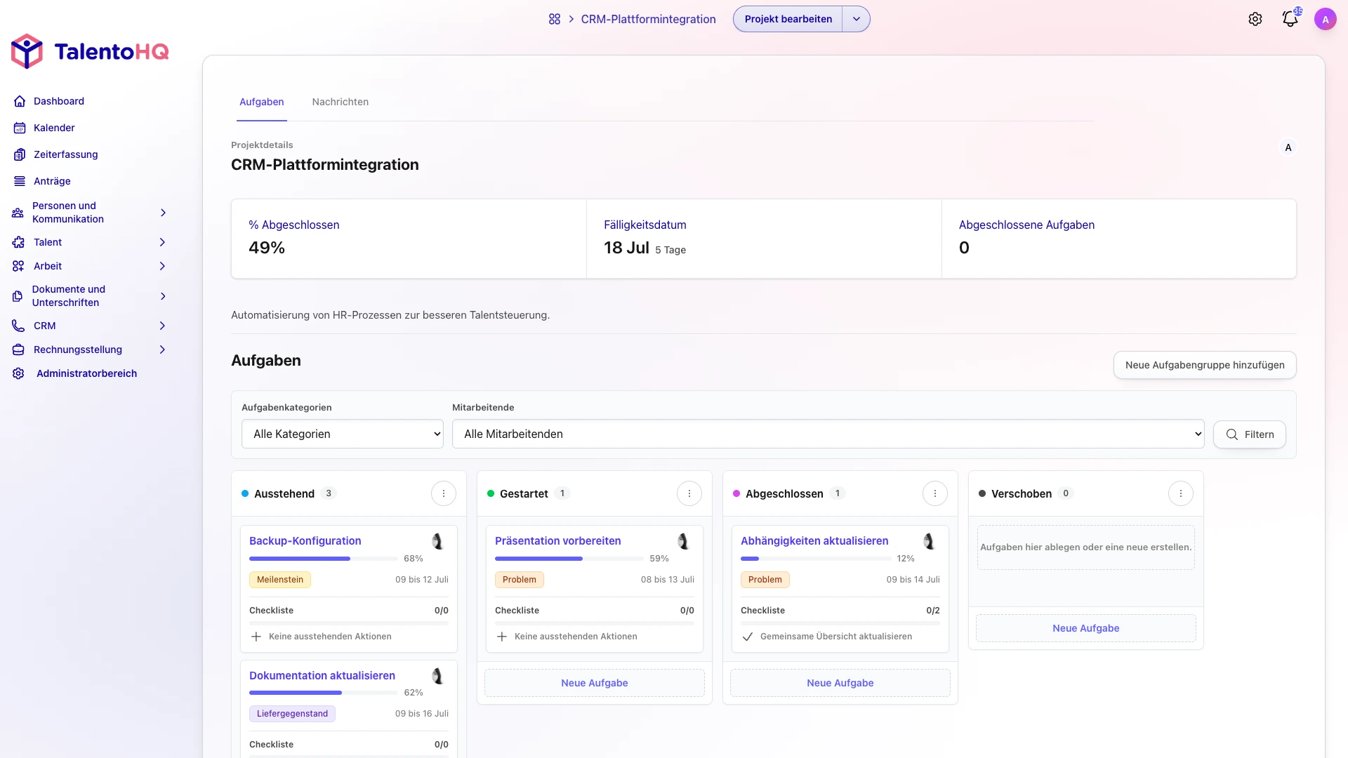 Aufgabenliste in TalentoHQ