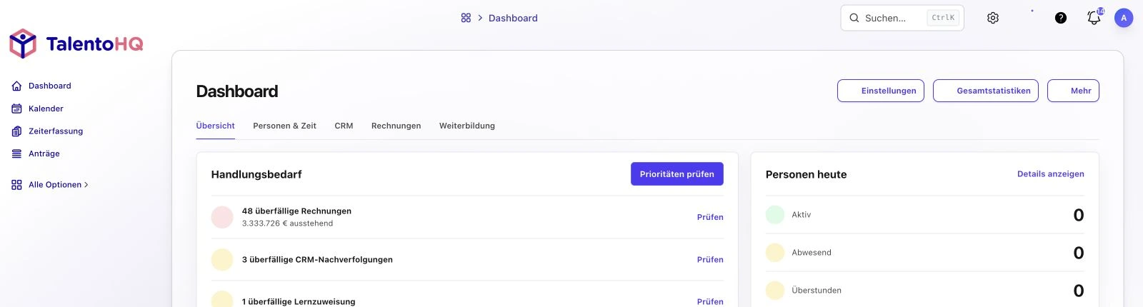TalentoHQ-Kontrollpanel mit HR-Funktionen